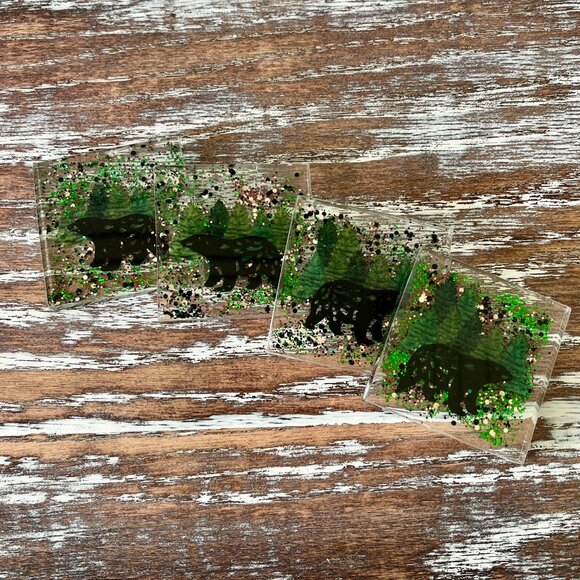 Black Bear Glitter Resin Drink Coasters Set of 4 House Housewarming Gift Kitchen - Picture 4 of 4